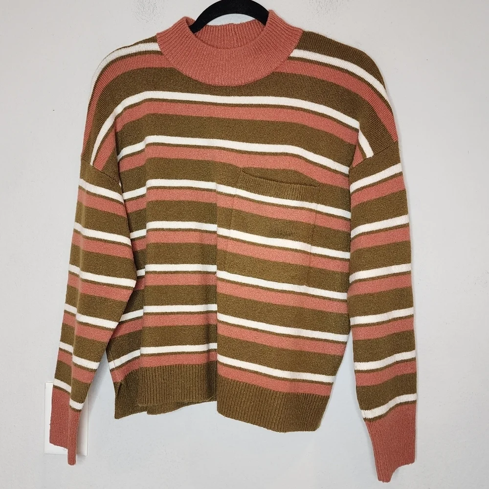 Madewell Wool Blend Redmond Mockneck Pocket Sweater Green Pink Stripe Medium